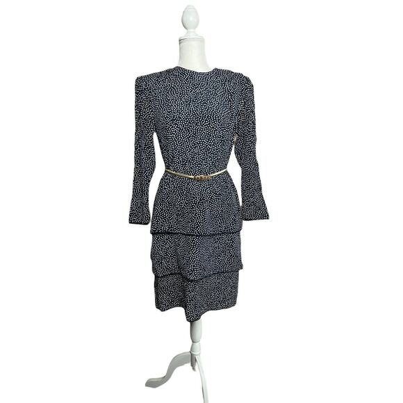 vintage 90s Karin Stevens Women's cascade Polka Dot midi dress sz 12 navy blue - Picture 1 of 11